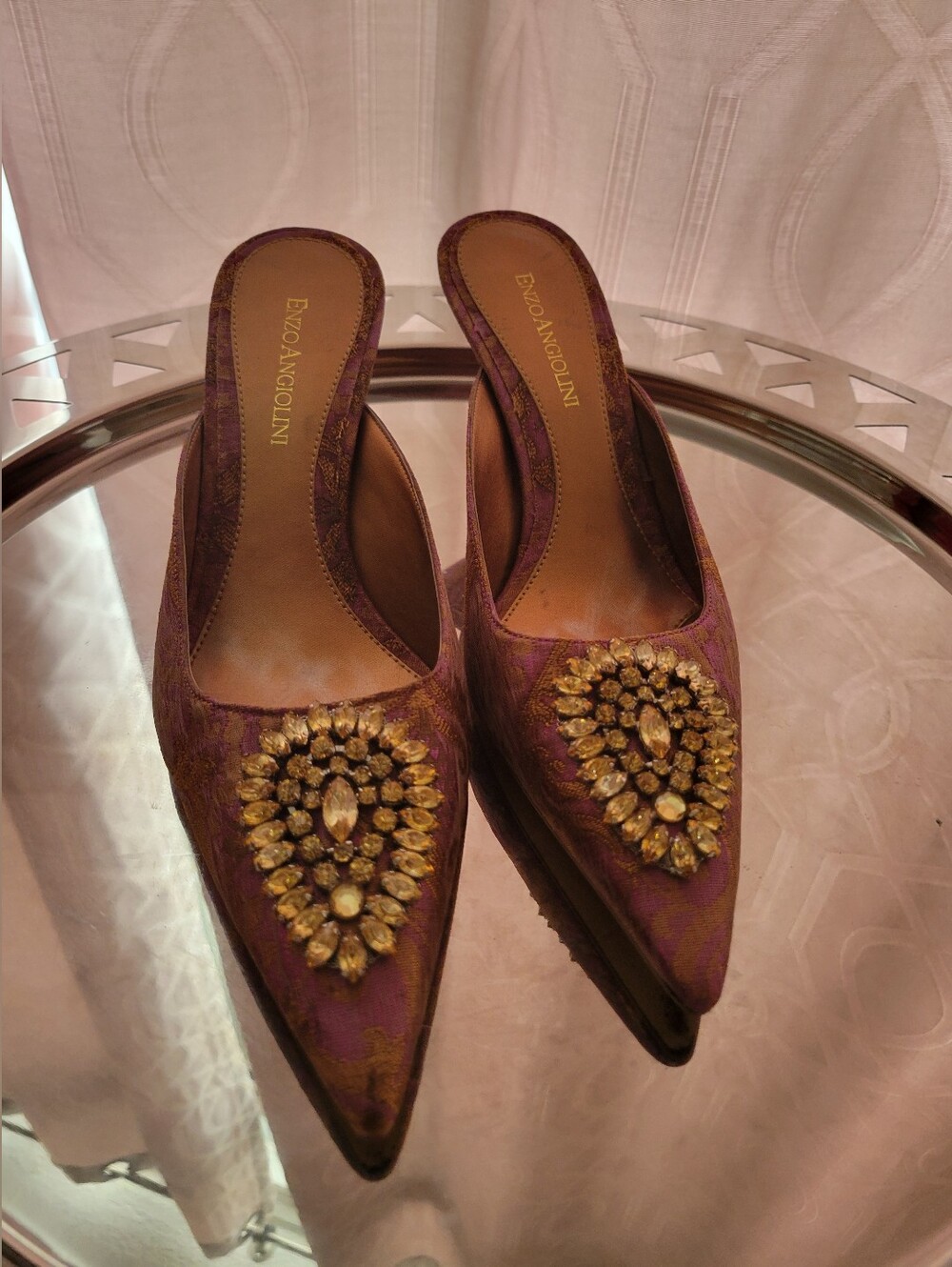NWOT Enzo Angiolini Bocade Embellishes Mules with Gold Crystal Medallions